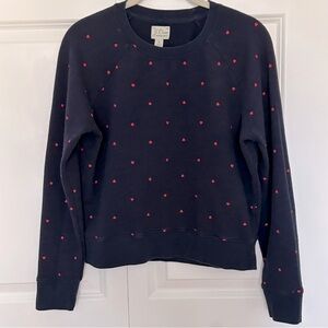 J. Crew Mini Pink Hearts on Navy Vintage Fleece, Lightweight Sweatshirt Sz Small